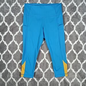 Brooks Run Happy Capri Leggings M Blue Yellow Pockets